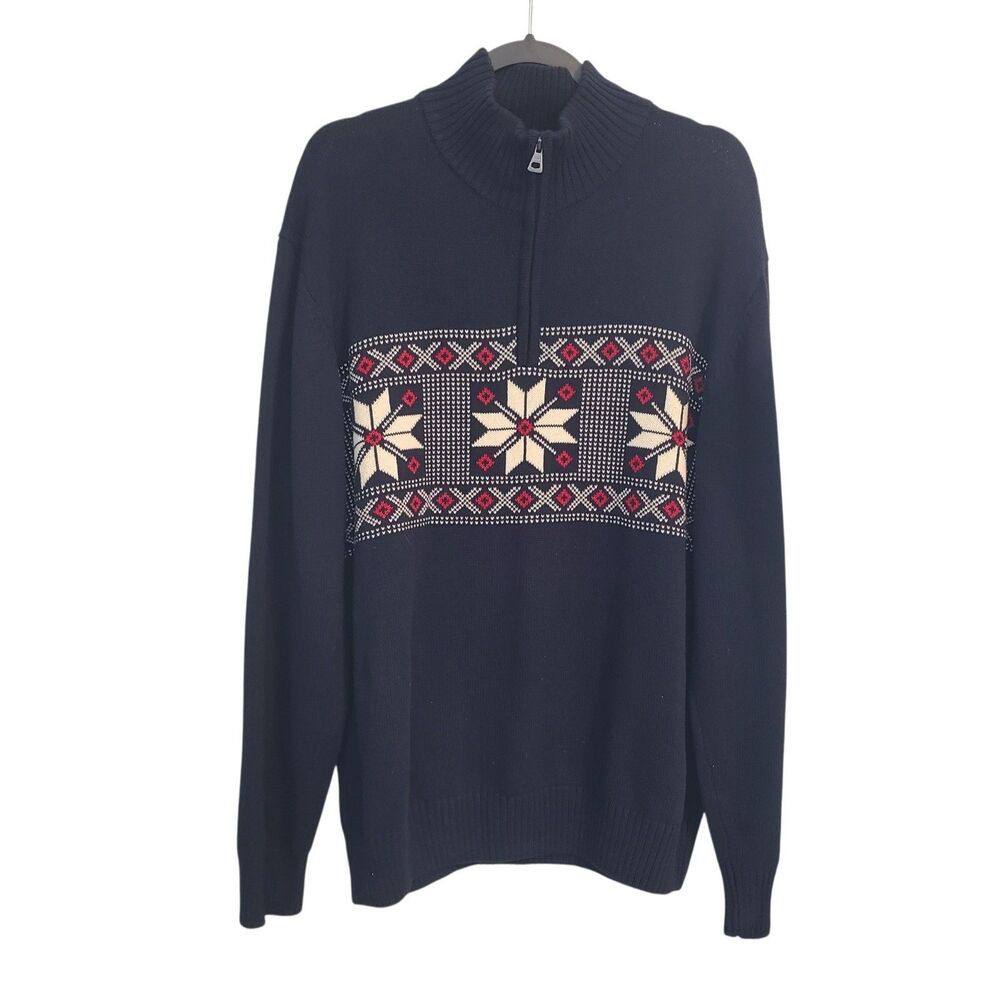 Weatherproof VTG Mens XL Navy Fair Isle Nordic Snowflake 1/4 Zip Sweater Ski
